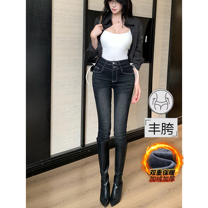 黑色韩系漫画腿丰胯加绒牛仔裤女2025冬季新款高腰显瘦提臀小脚裤