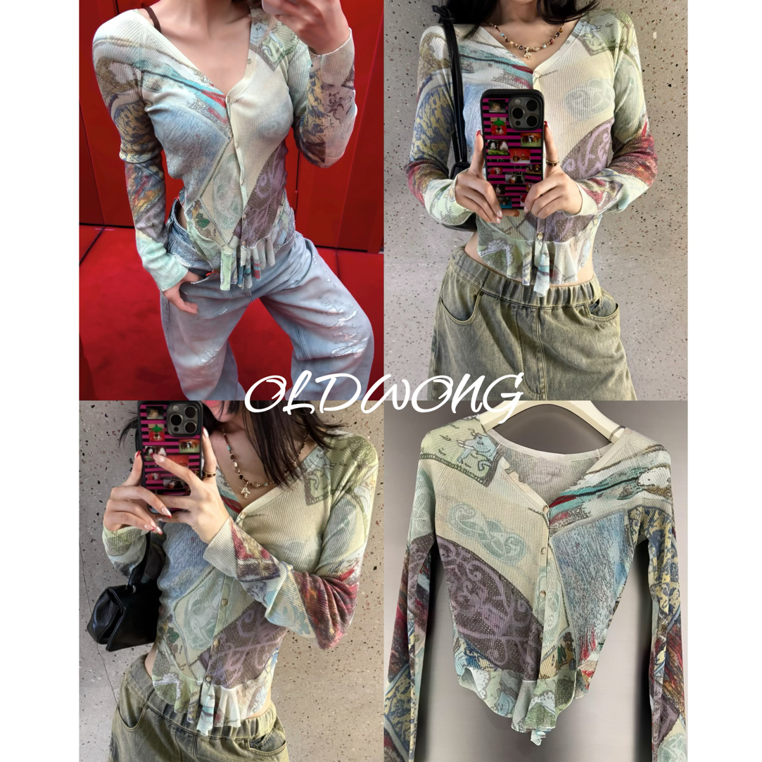 OLDWONG“复古艺术”彩绘复古配色剪裁细针织长袖