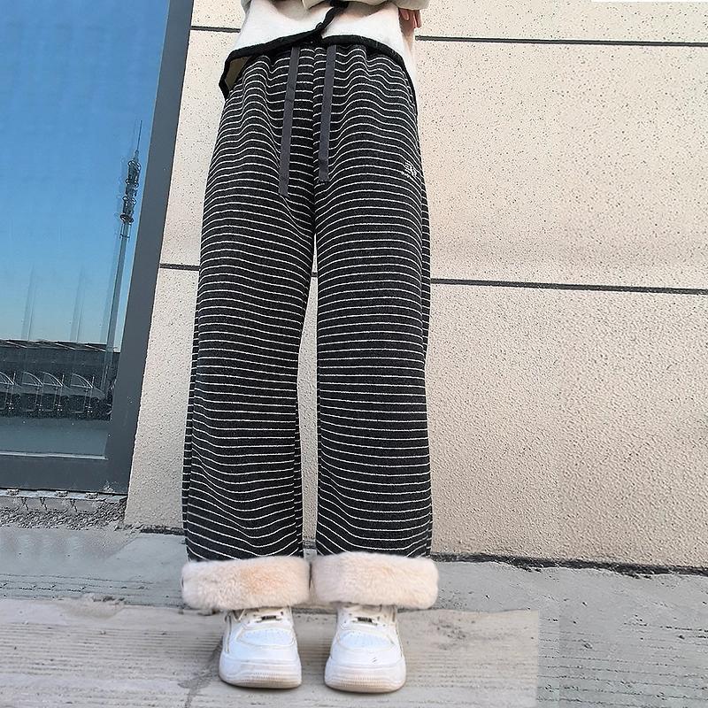 女童仿兔貂特厚条纹阔腿裤中大童冬季新款一体绒休闲糯米拖地裤