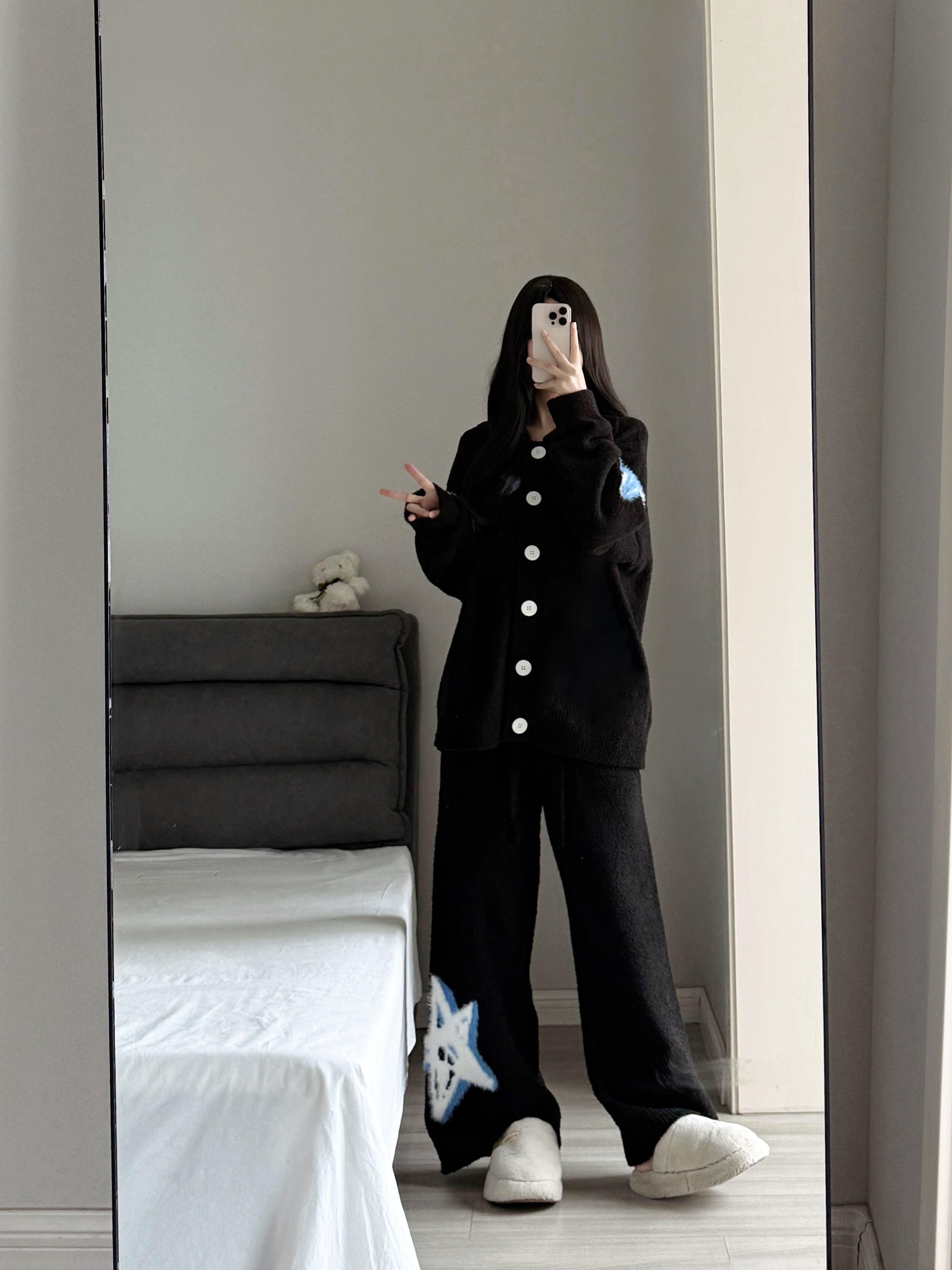 韩版甜美黑白针织半边绒睡衣女冬季新款加厚加绒保暖家居服套装