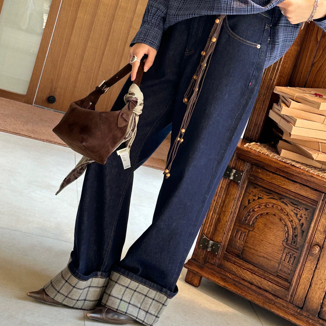现货SS 设计师 25秋冬新品 格子宽卷边原色牛仔长裤 