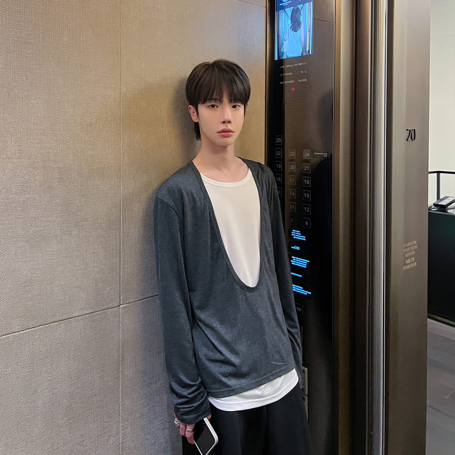 高林凡 感简约假两件拼接设计长袖打底衫男女宽松休闲T恤
