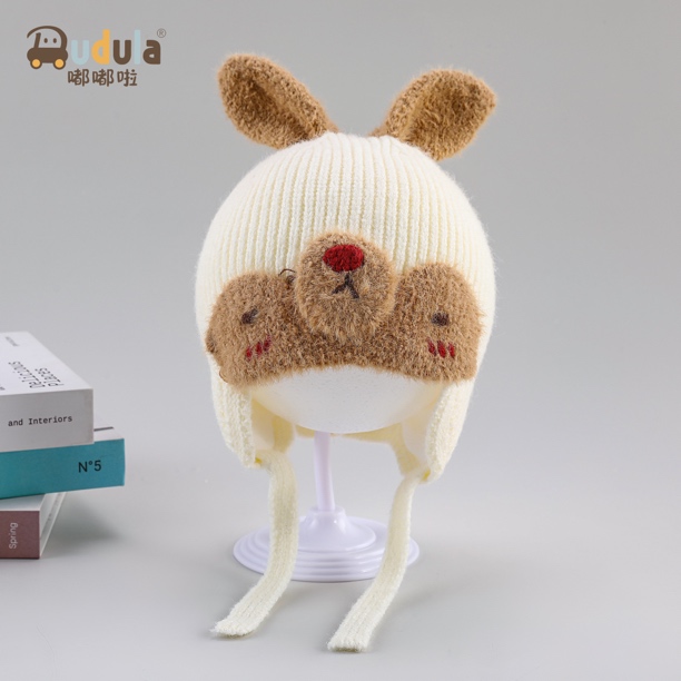 嘟嘟啦3940兔子耳朵卡通刺绣大鼻子男女宝宝时尚保暖针织帽