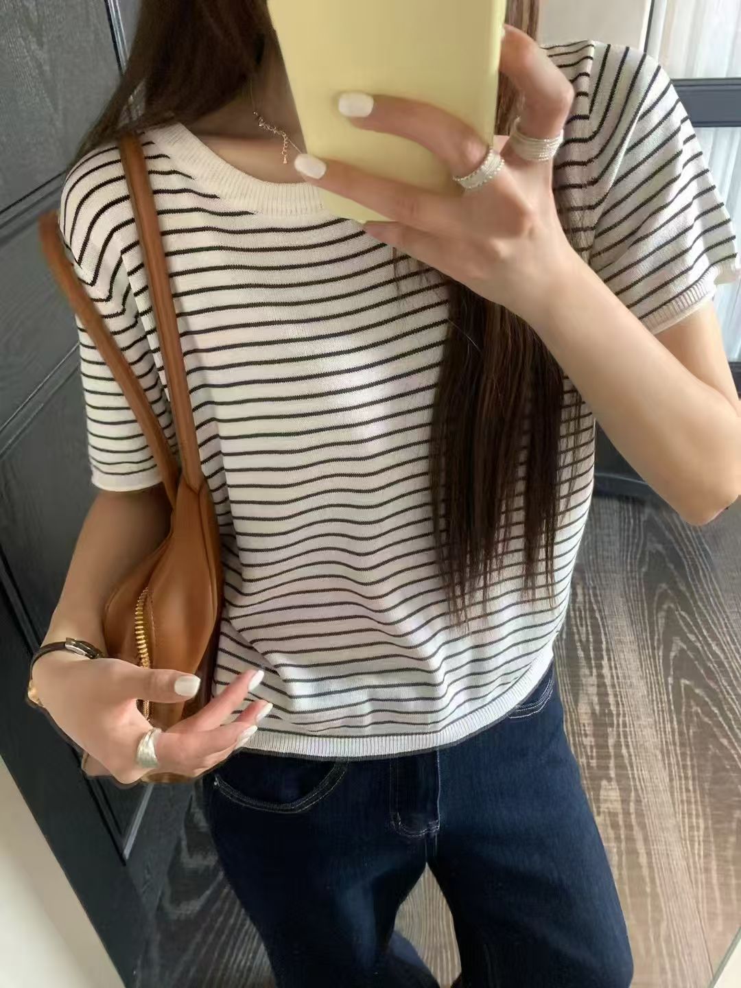 温柔瑶-11AN#撞色条纹休闲百搭短袖T恤#61233