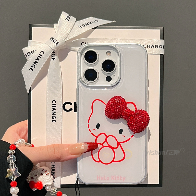 原创简约红色线条kt猫闪钻蝴蝶结16ProMax手机壳15pro带拍照按键