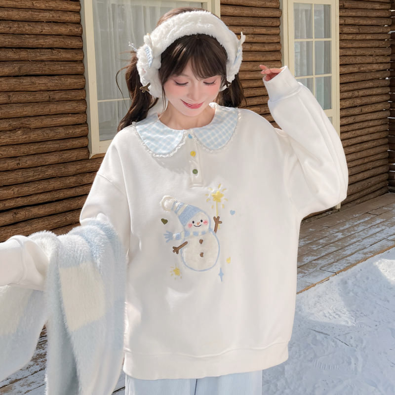 森女部落甜美风格子娃娃领设计感宽松卫衣女2025新款秋冬百搭上衣