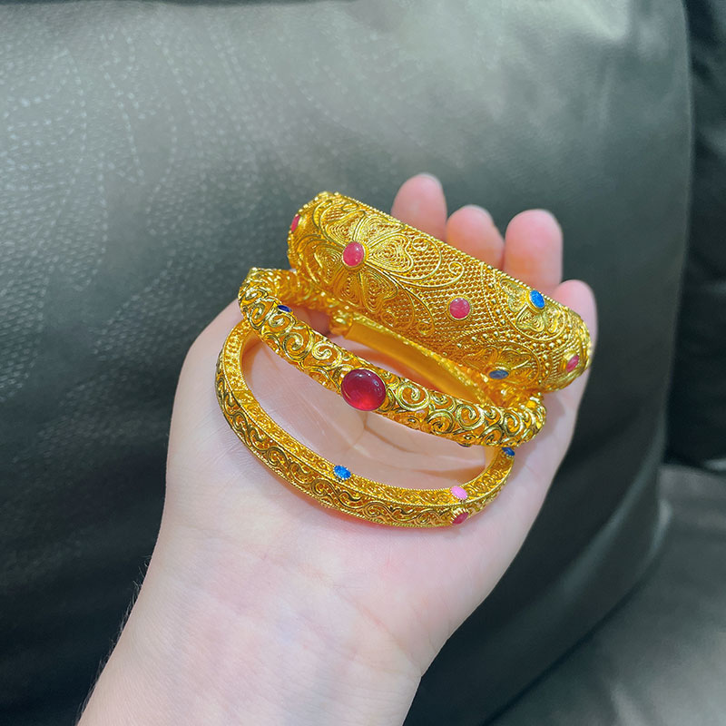 足银珐琅手镯 古法花丝镂空镶嵌宽面闭口手镯子大牌同款支持定制