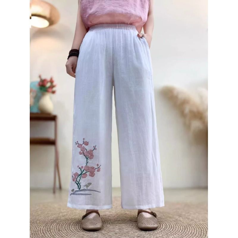 【现货+运费险】中式棉麻长裤松紧刺绣休闲裤复古宽松阔腿裤Y542