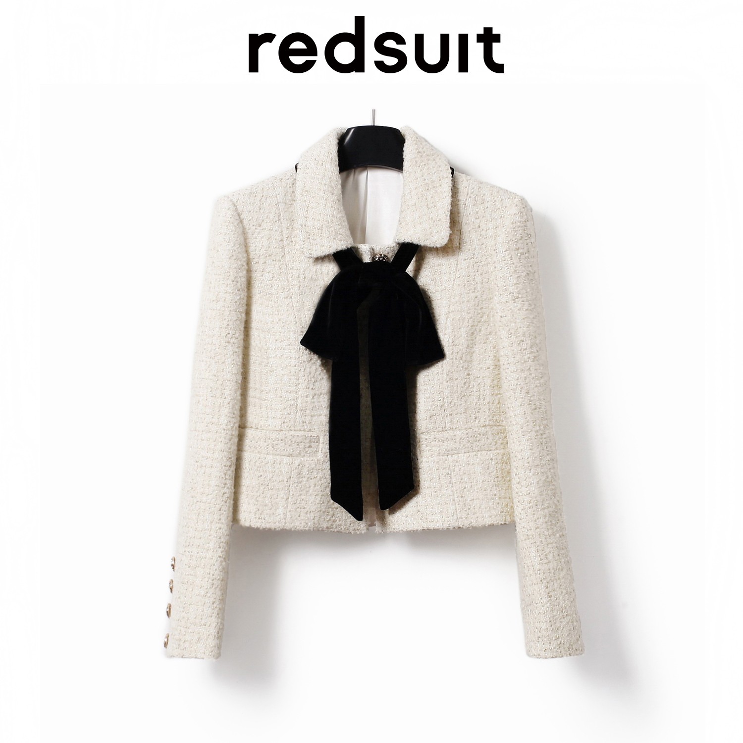 redsuit 复古蝴蝶结飘带白色小香风外套翻领时尚轻奢百搭气质上衣