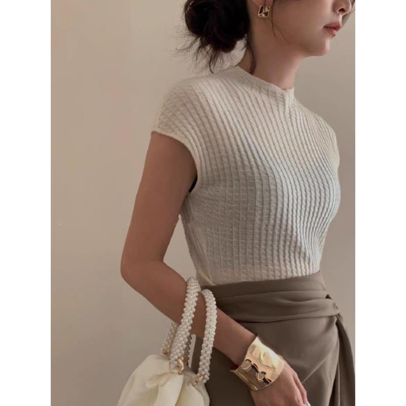 精纺羊毛华夫格半高领无袖背心针织打底