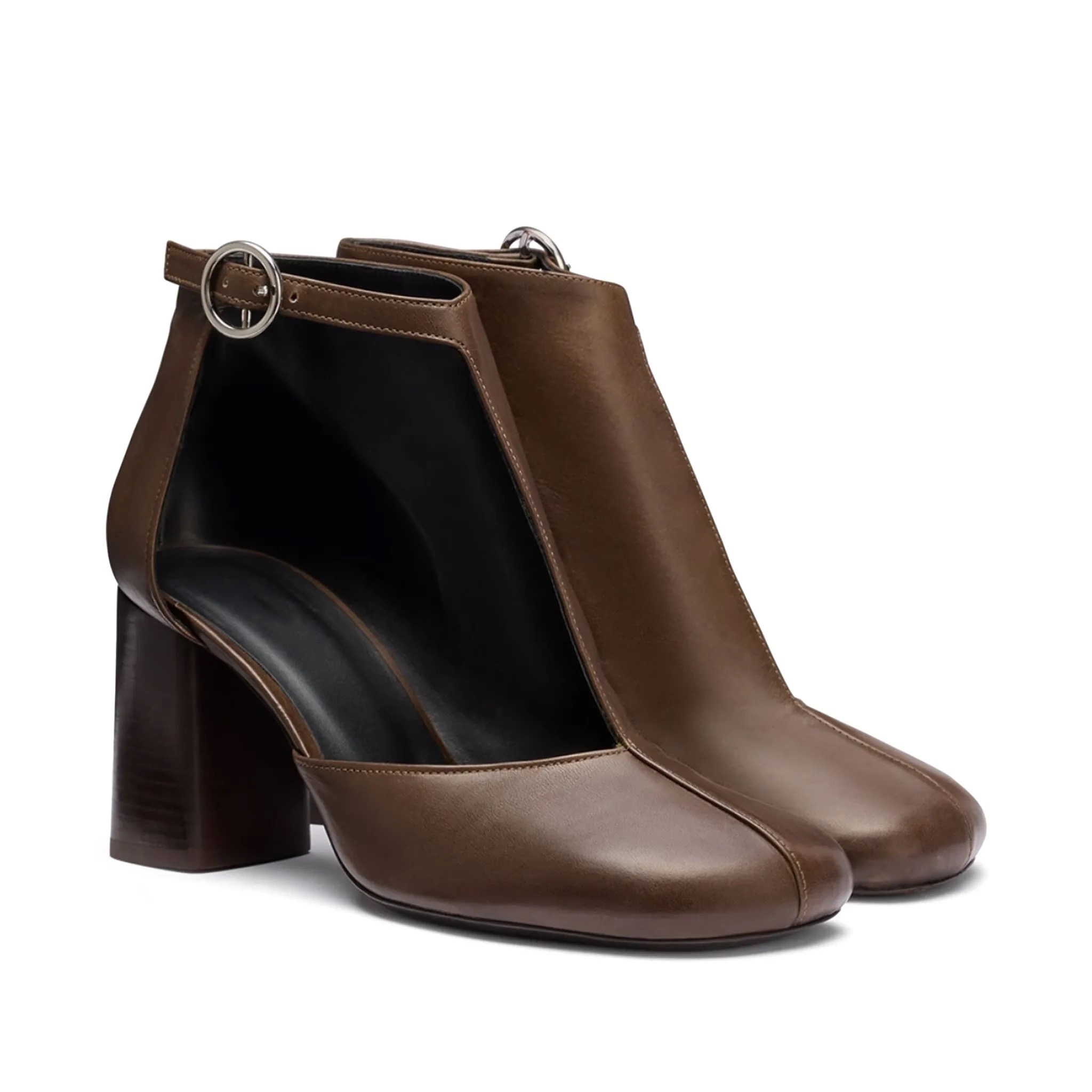 POMORROW真皮鞋底粗跟裸靴一字扣凉靴跟高单靴夏季靴子2025新款