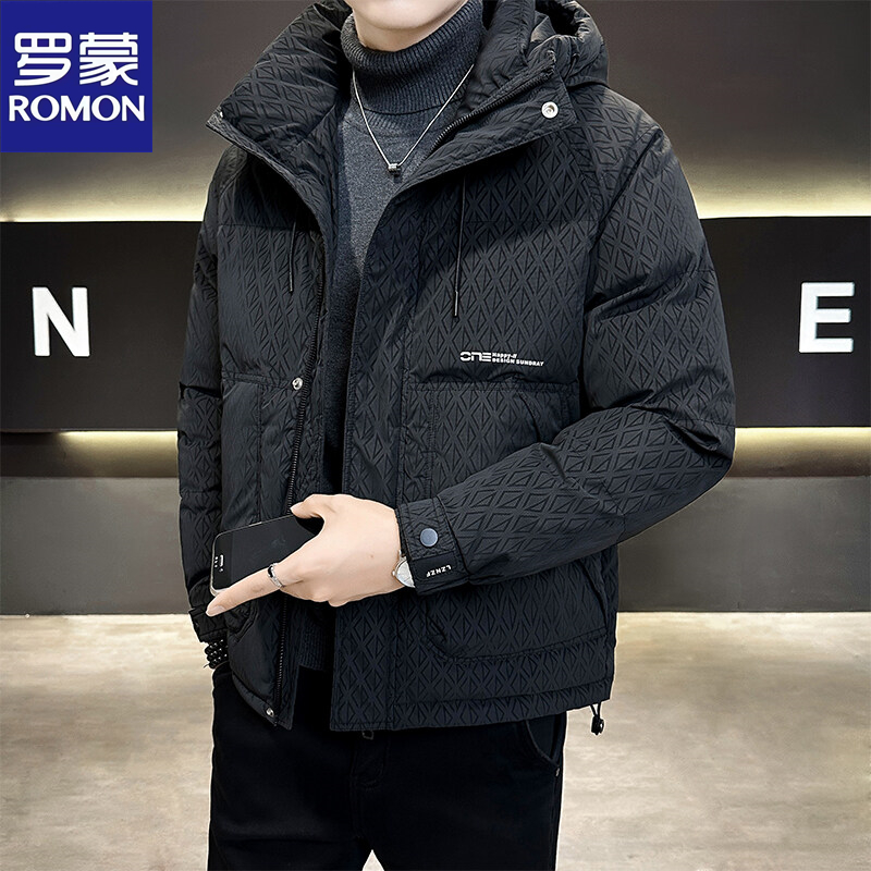 Romon/罗蒙冬季韩版羽绒服连帽飞行印花棒球服休闲外套夹克男装