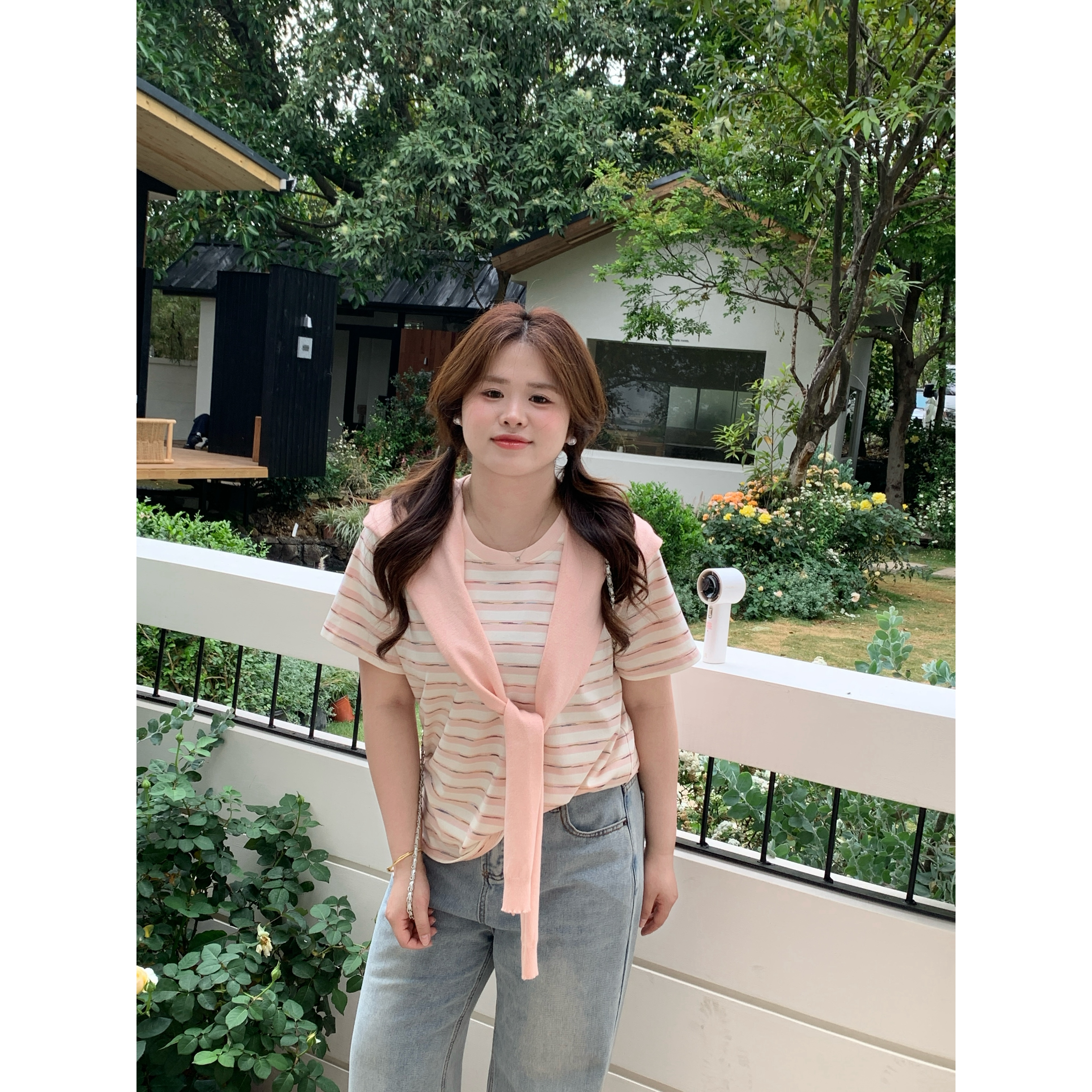 【次日清晨】大头婷丫丫定制微胖夏季套装条纹短袖T恤毛织披肩