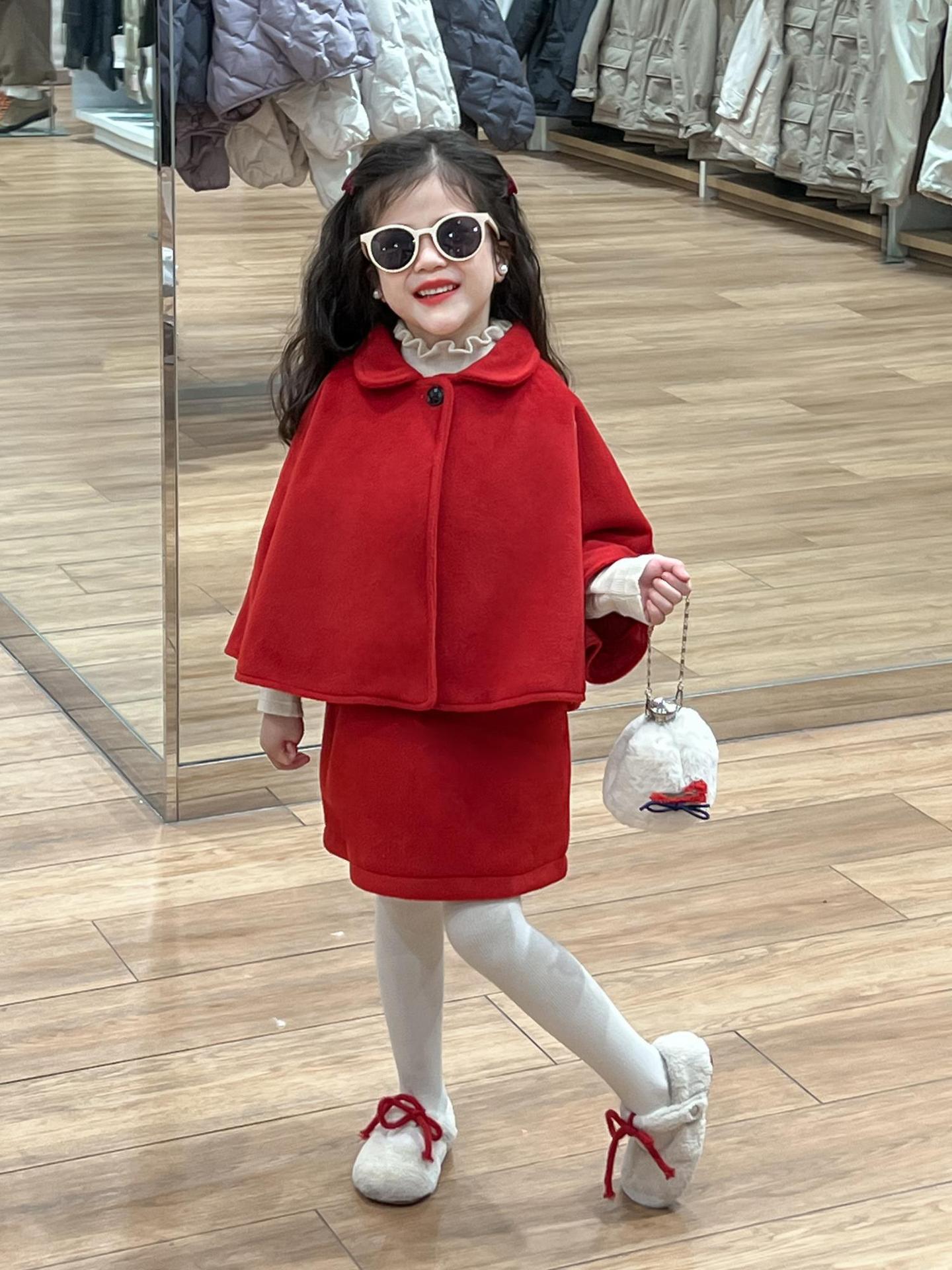 PAOFUPP新年装女童节日周岁礼服毛呢红色斗篷+蝴蝶结背心裙拜年服