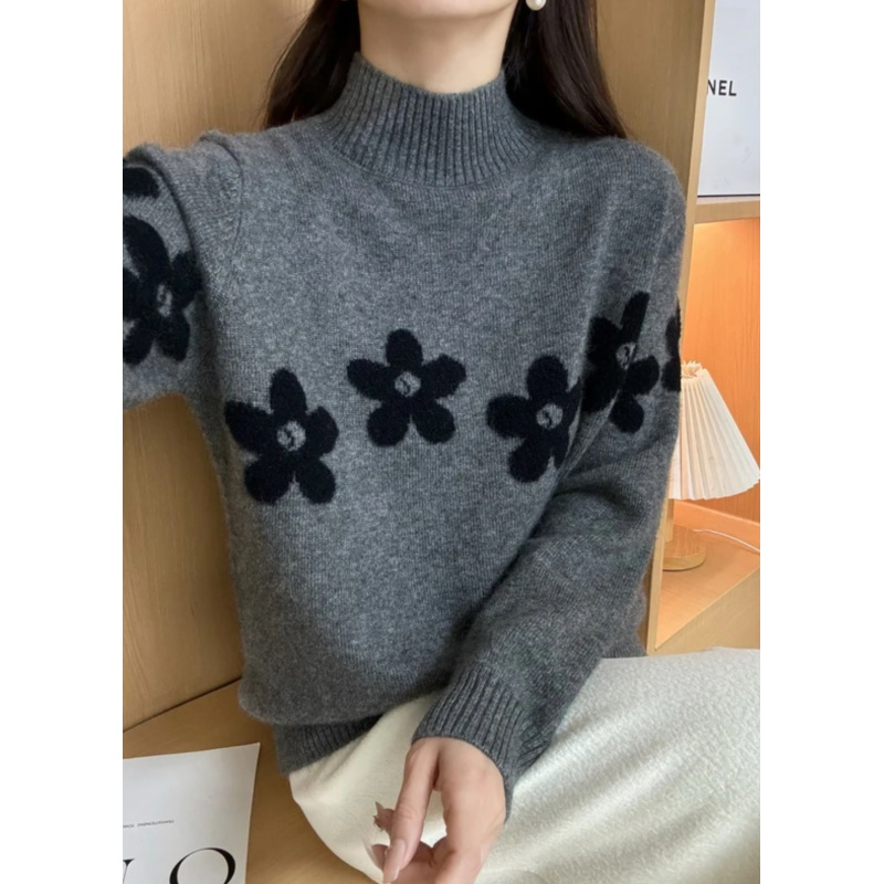 精品~亲肤软糯-新款半高领显瘦植绒山茶花针织套头A555