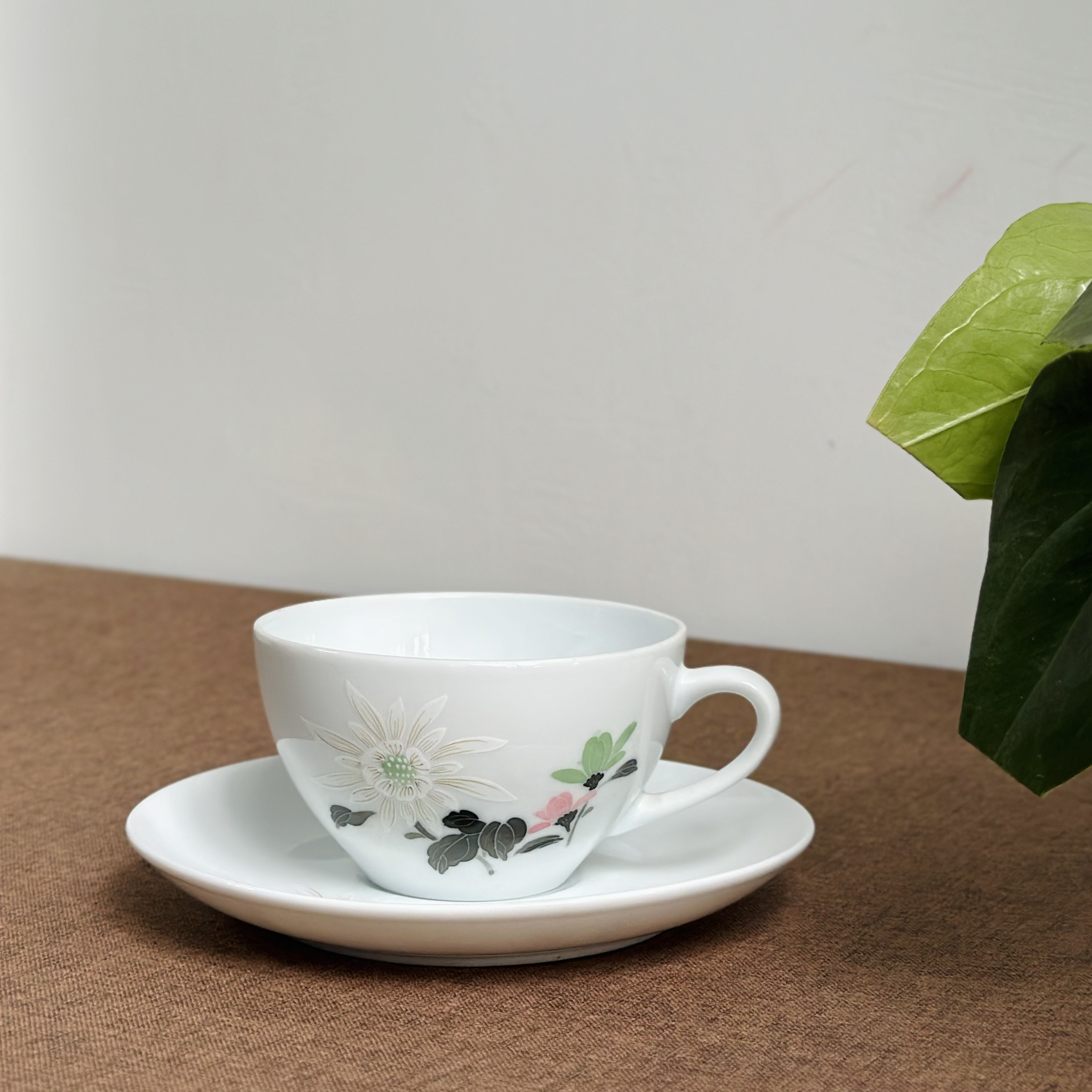 醴陵群力老瓷器釉下五彩手绘大球泥钻石款白菊花杯碟有瑕疵福利价