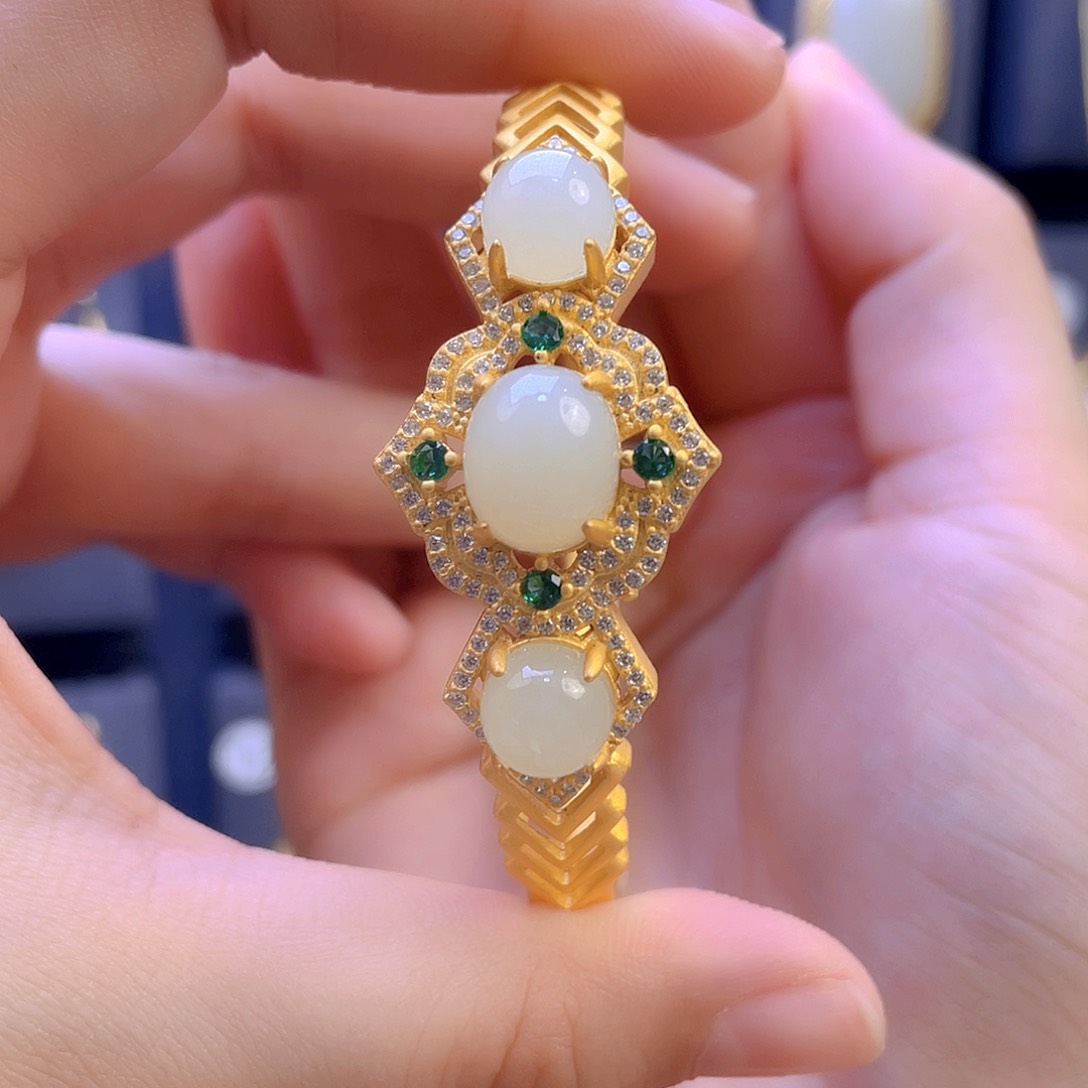 和田玉手镯银S925镀金镶嵌