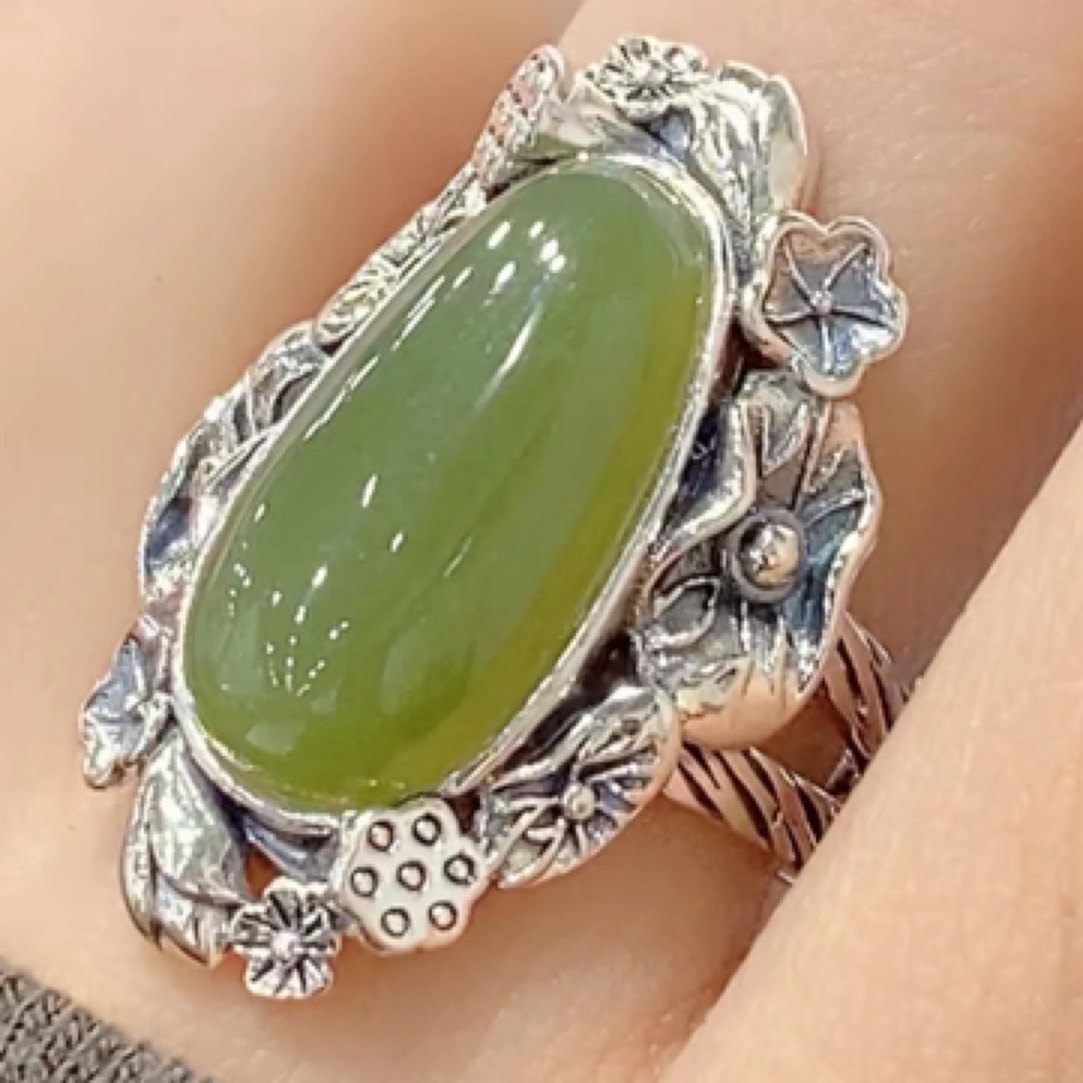 s925银重工荷塘月色晴水青玉戒指