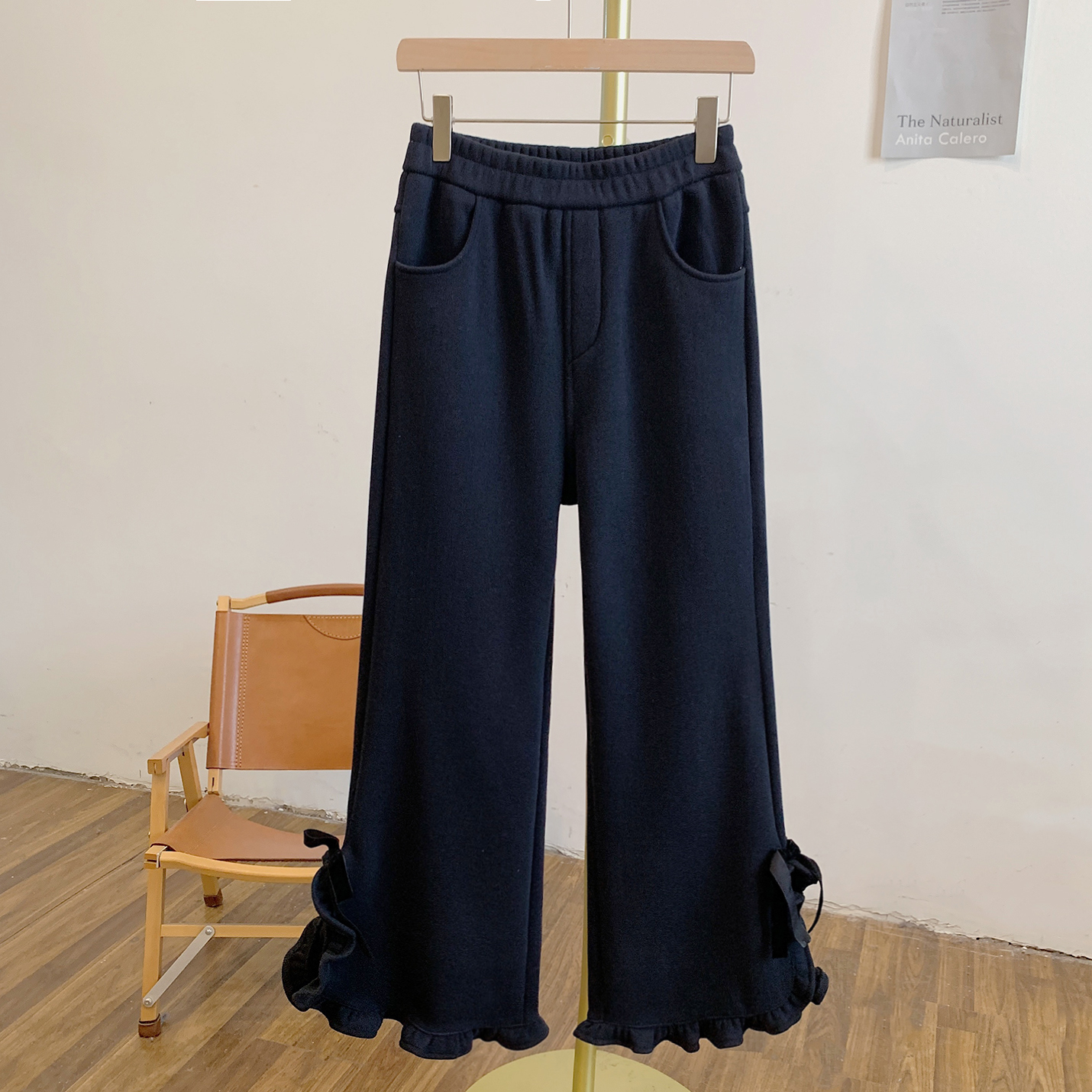 蝴蝶结裤C5286纯色蝴蝶结荷叶边侧开叉松紧腰阔腿裤