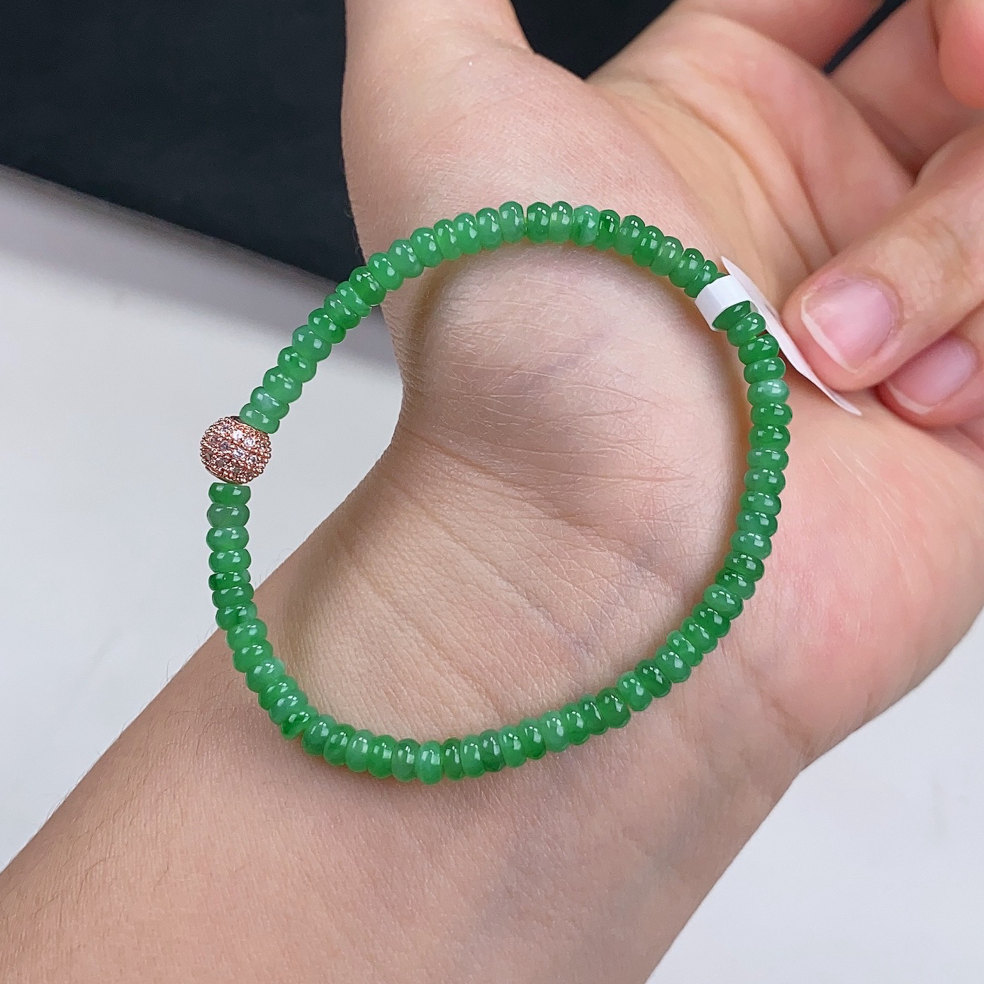 缅甸天然翡翠A货冰润满绿算盘珠时尚百搭单圈绿色手串特色吸睛卡4