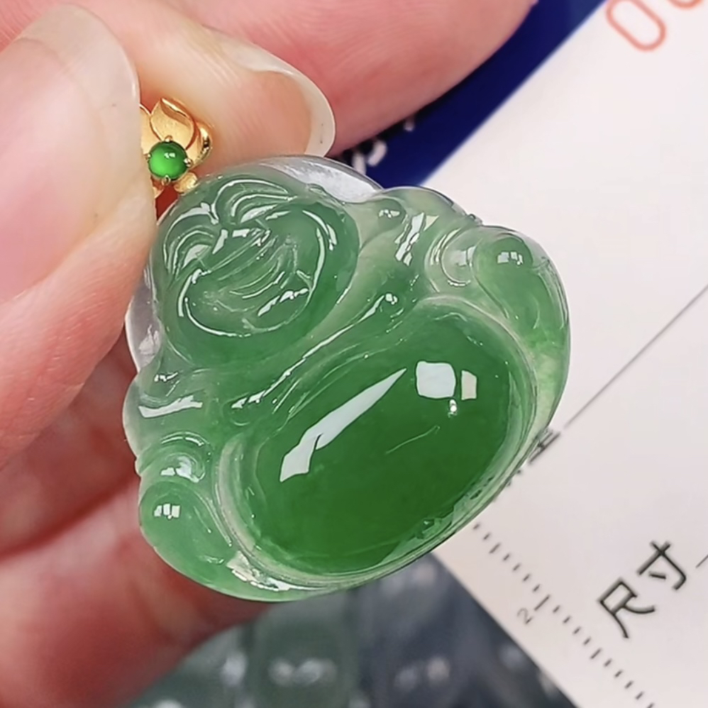 冰满绿 佛公 18k金扣头 缅甸天然翡翠A货