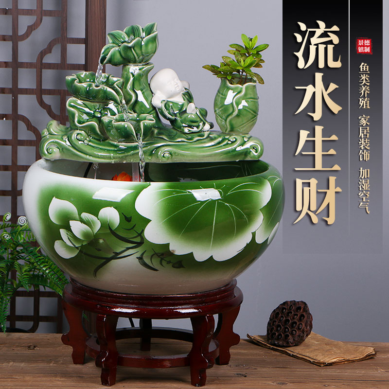 陶瓷鱼缸家用流水生财小金鱼缸陶罐循环流水水缸摆件造景客厅新款