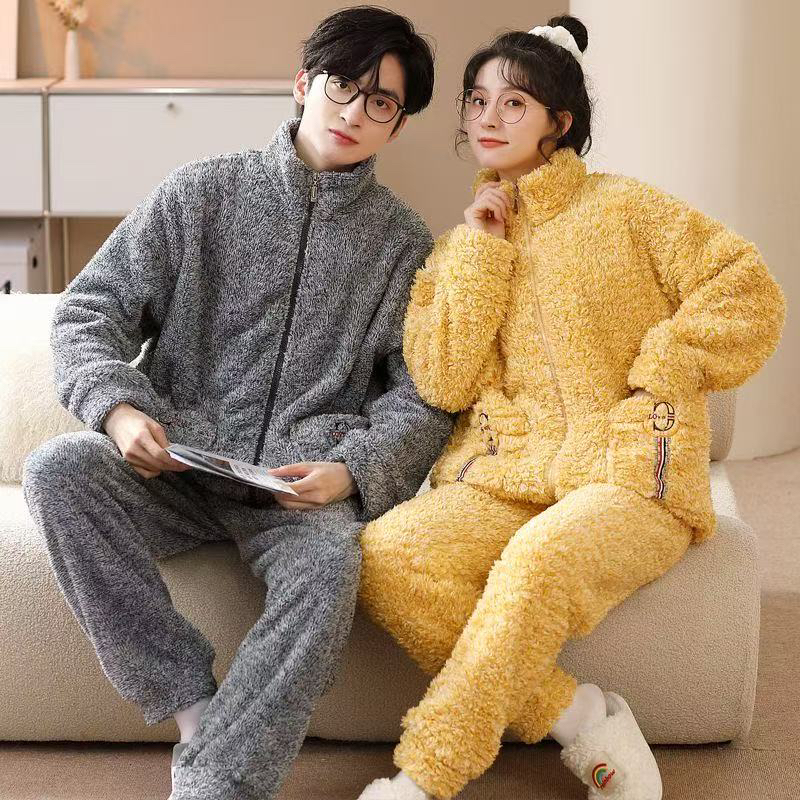 情侣秋冬季加绒加厚珊瑚绒法兰绒保暖宽松家居服套装可外穿