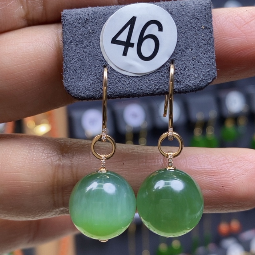 【闪购商品】和田玉耳饰18K金镶嵌13.8mm猫眼圆珠厚金耳饰