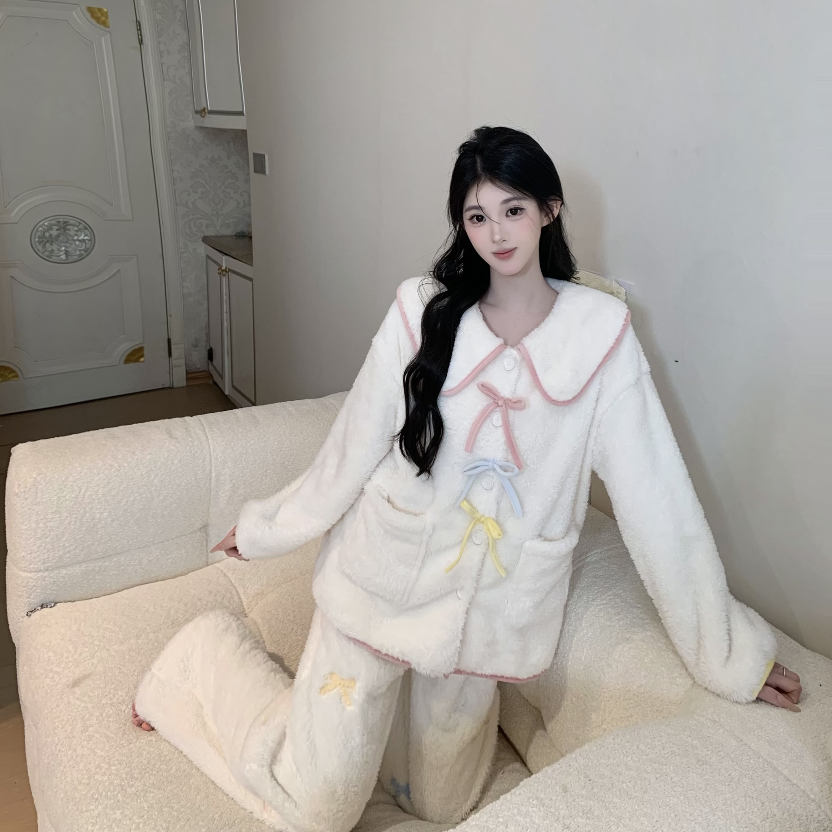 1豆【清梦少女】纯欲长袖长裤套装显白显瘦显瘦秋冬家居服睡衣女