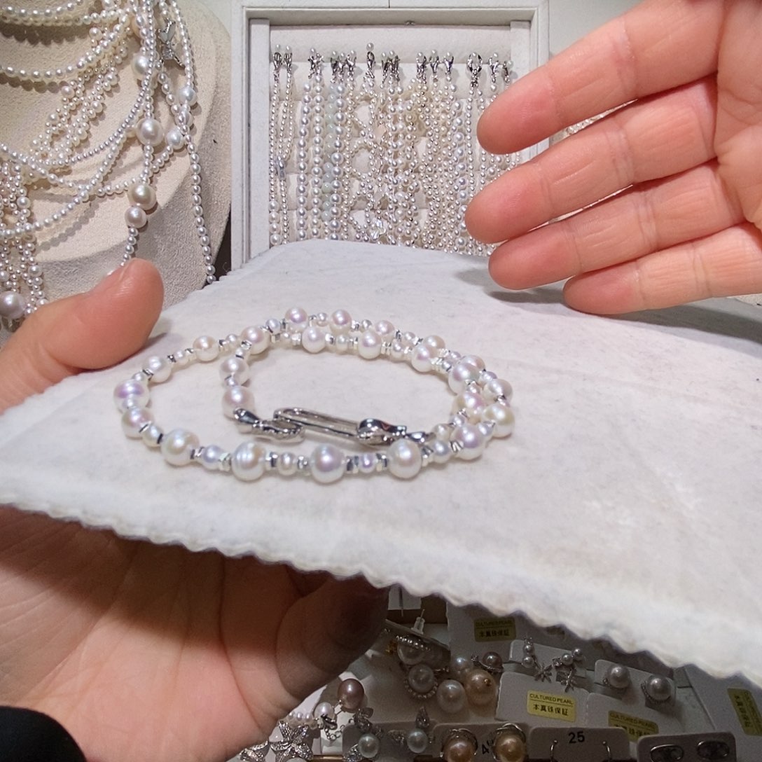 大***晶手绳银S925镶嵌淡水珍珠螺纹极光炫彩手链