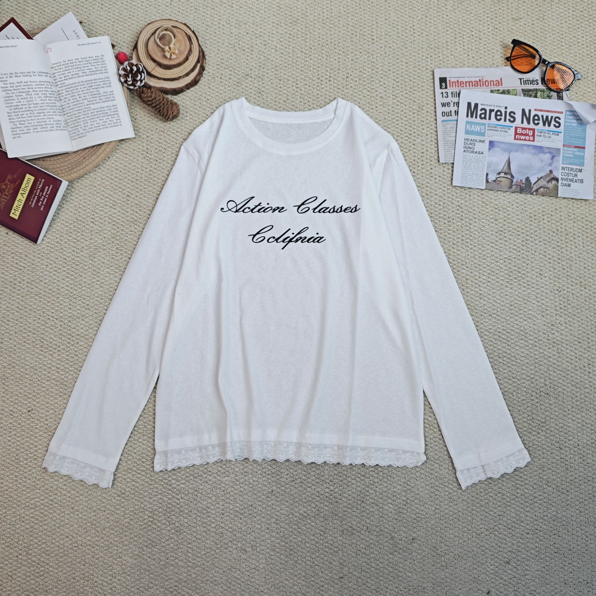 2025春季新款休闲字母印花拼蕾丝边长袖T恤打底9738