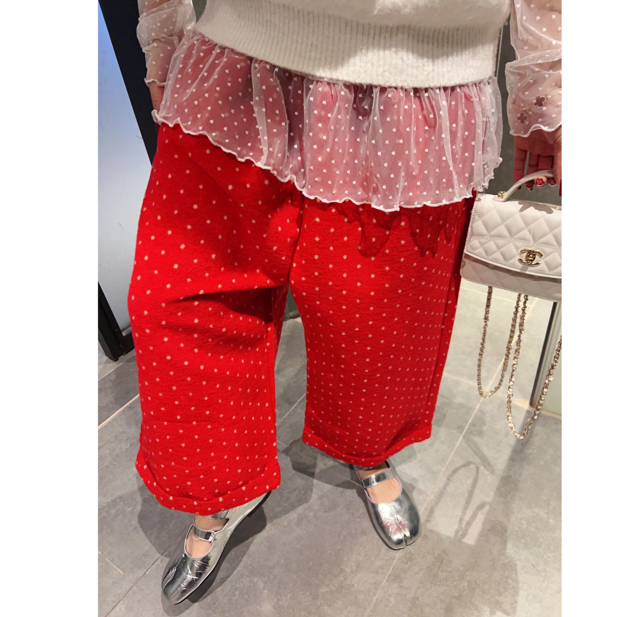 《复古红波点裤》宽松休闲裤百搭直筒裤保暖磨毛九分阔腿裤