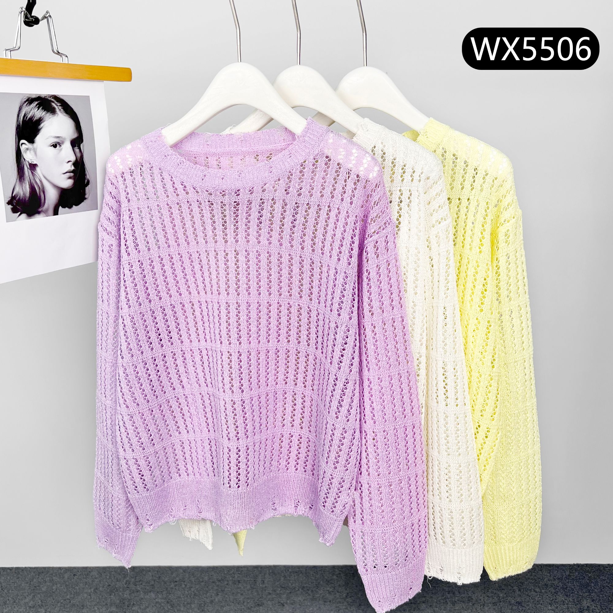 【北方鹿】2025夏季新款 休闲宽松镂空圆领长袖防晒针织衫女5506