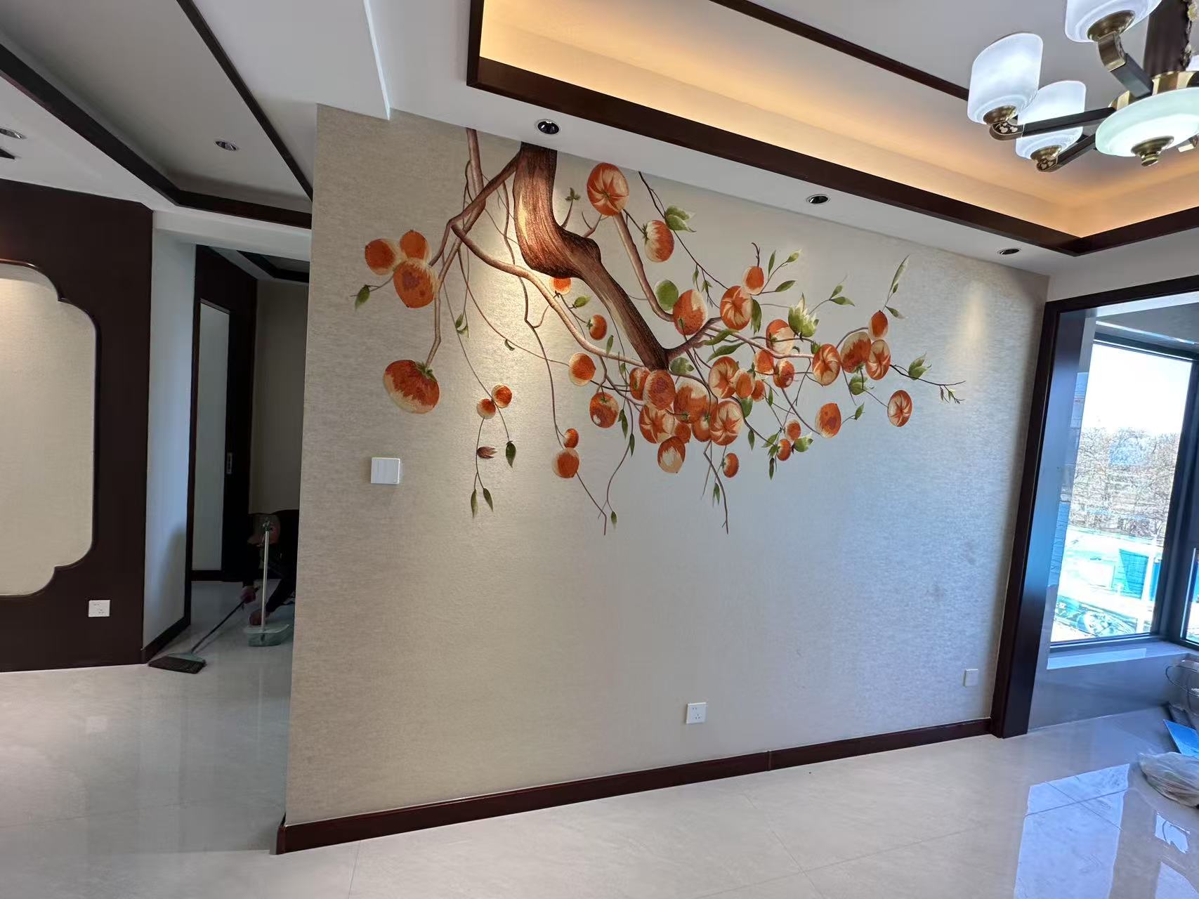 独绣刺绣客厅电视背景墙布餐厅卧室中式新中式花鸟柿柿如意床头布
