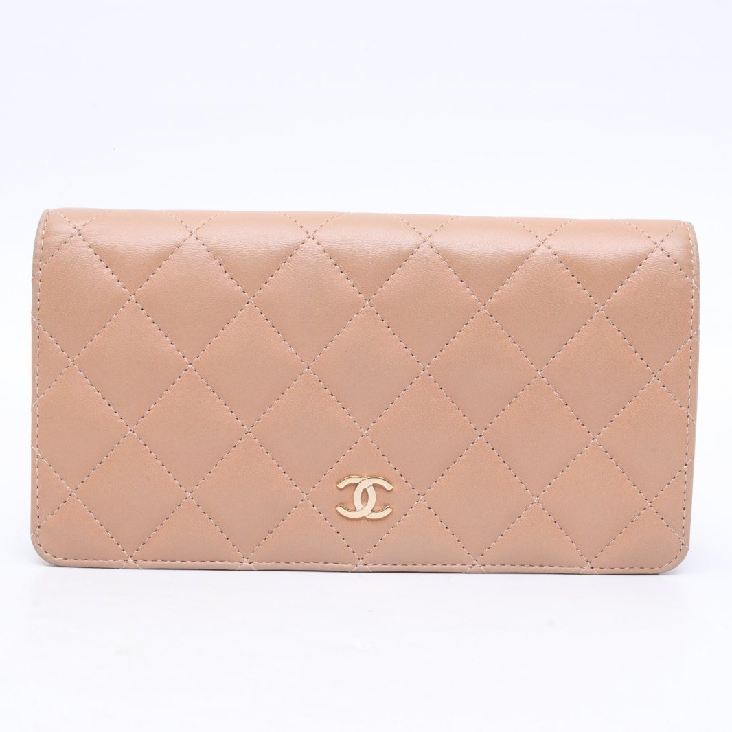 99新 Chanel/香奈儿 小花攀攀 奶茶色 皮革S 16开 金扣 钱包