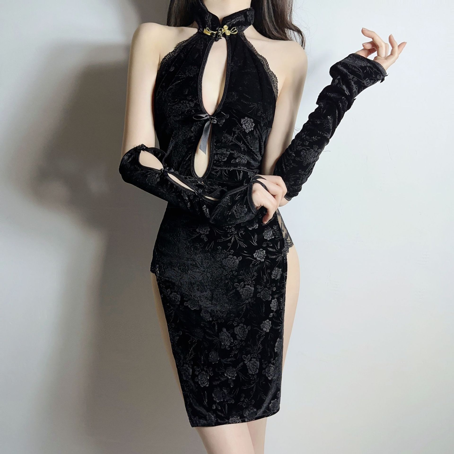 【国色天香】性感古典高开叉旗袍复古国风暗黑睡裙蕾丝镂空显瘦修身