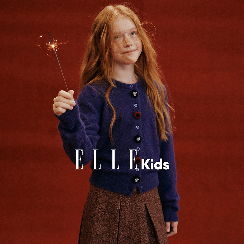 ELLE KIDS童装复古毛线精致开衫短款圆领钩花装饰扣打底上衣D4