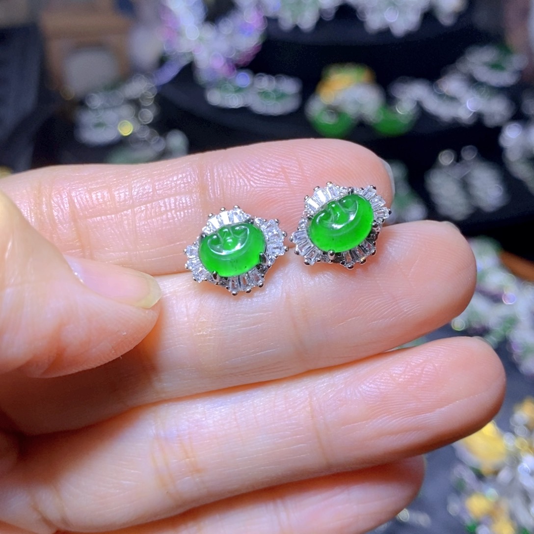 翡翠耳饰银S925镶嵌天然翡翠