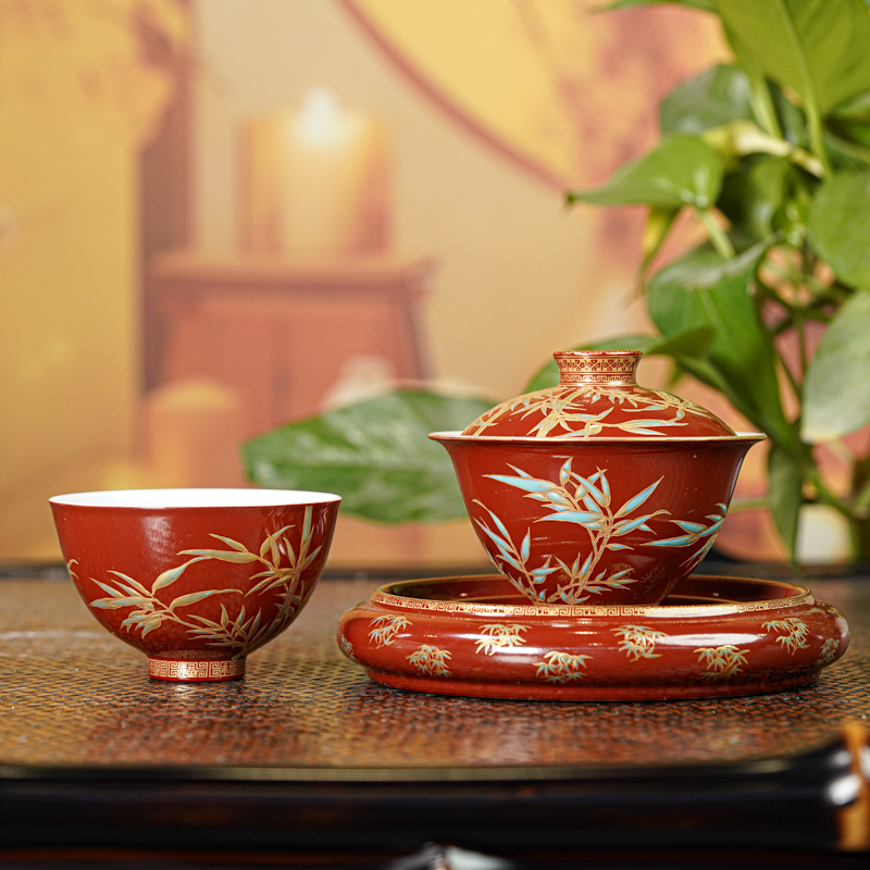 【墨舍名窑】宝蕴阁红釉金竹套组 byg102水具套装手工高档复古家用
