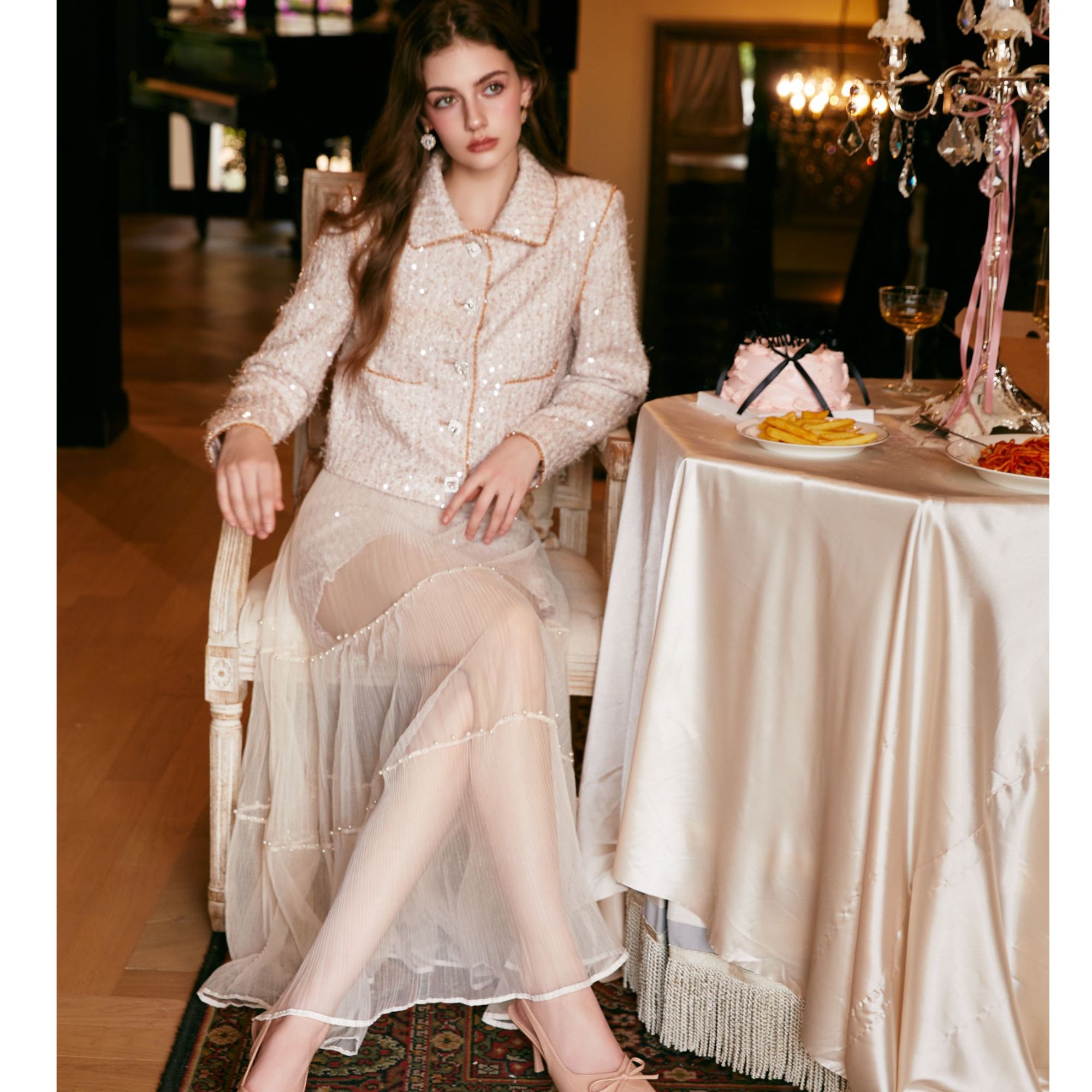 WARDROBES BY CHEN粗花呢珠绣⽔晶套装CHEN25AW1019/CHEN25AW1020