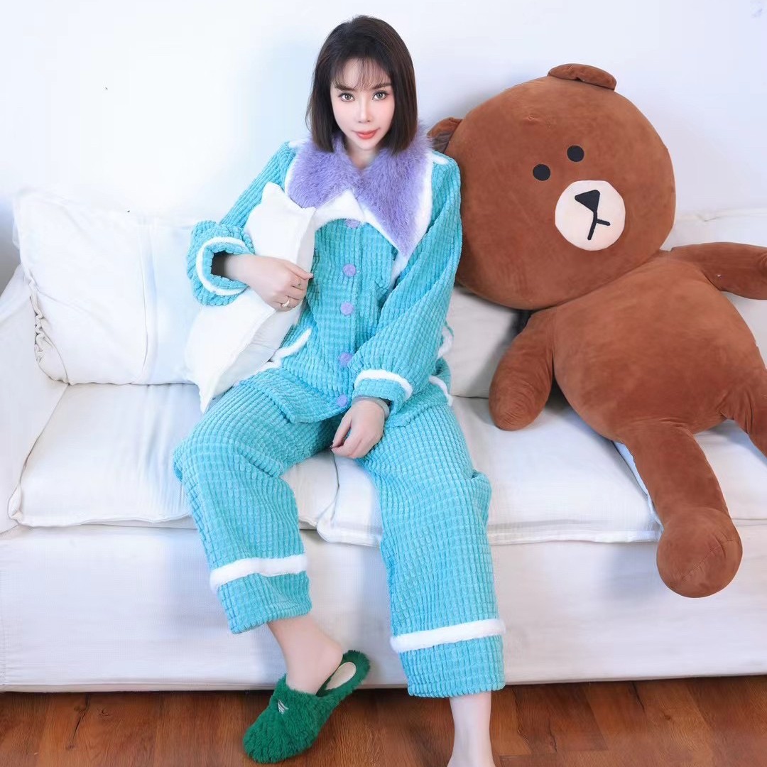 原创撞色加绒法兰绒睡衣秋季女款春秋仿狐狸毛可外穿家居服套装新