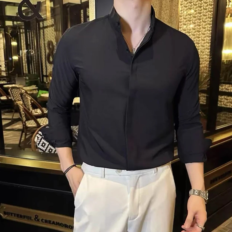 2025秋季立领薄款休闲衬衫修身长袖商务时尚男士中式西装内搭