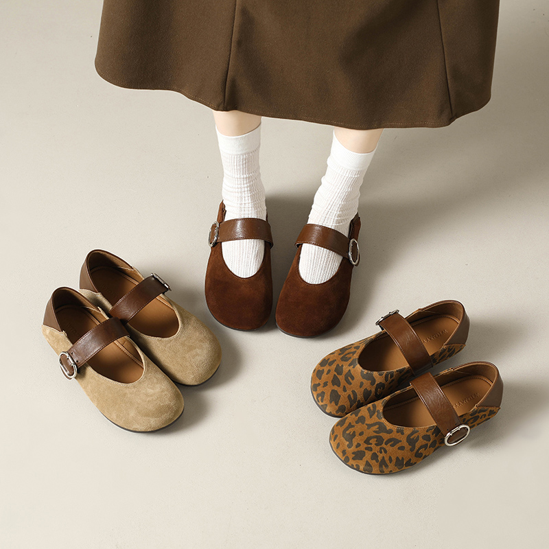 春秋圆头平底浅口单鞋女真皮豹纹女鞋内增高玛丽珍鞋浅口鞋子百搭