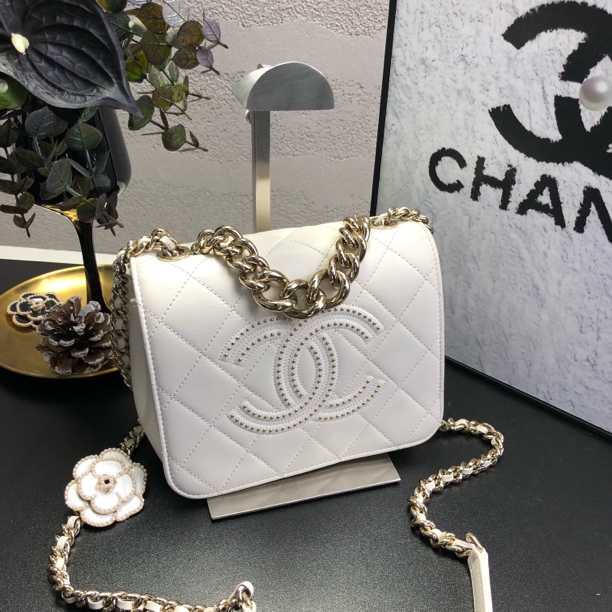 95新 Chanel/香奈儿 白金大双C logo铆钉方胖子链条包 长18 29开