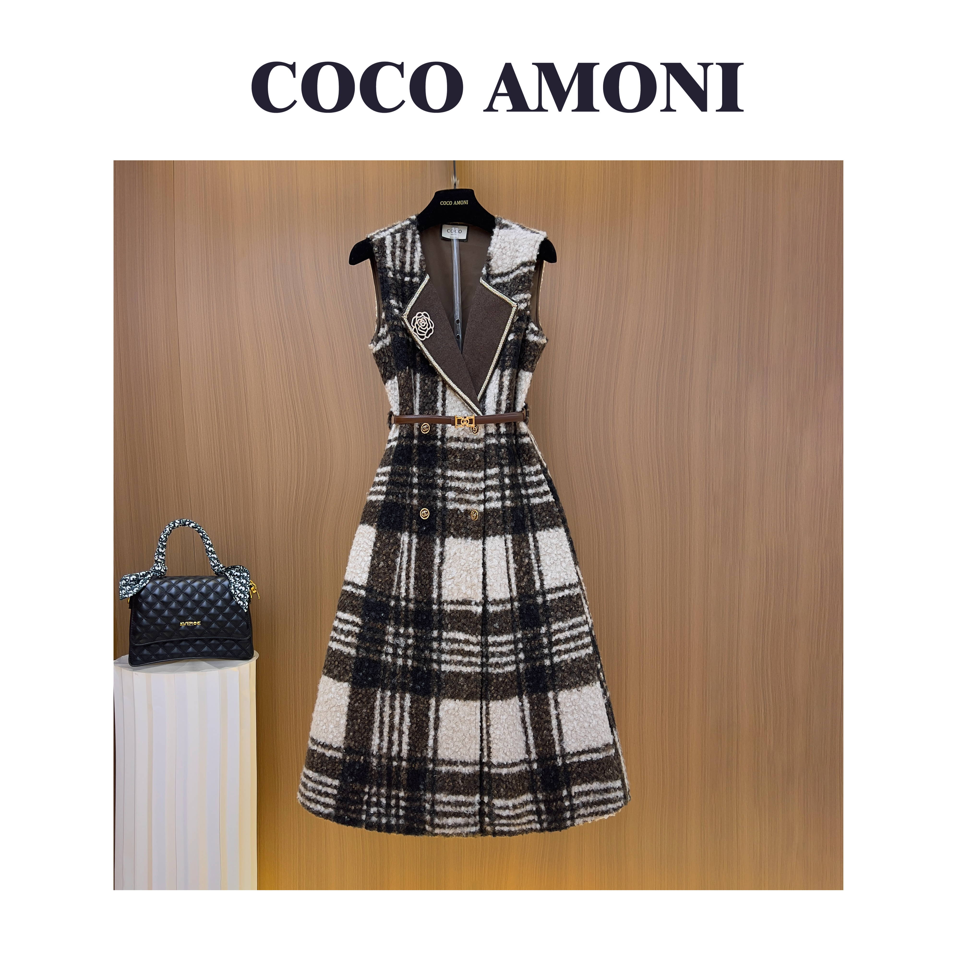 秋冬季时尚设计师爆款女装拼接收腰显瘦气质连衣裙WXH1200