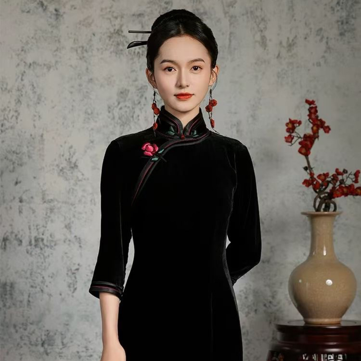 2025新款七分袖丝绒旗袍秋季长款高档上海显瘦优雅妈妈中式连衣裙