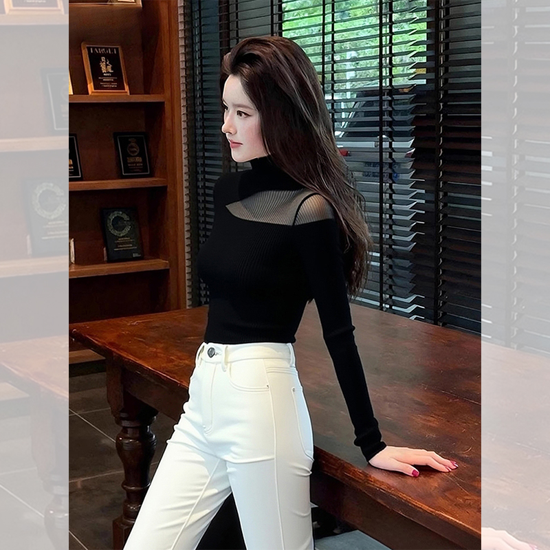 别致独特漂亮黑色半高领内搭小衫秋冬女装洋气高贵针织打底衫上衣