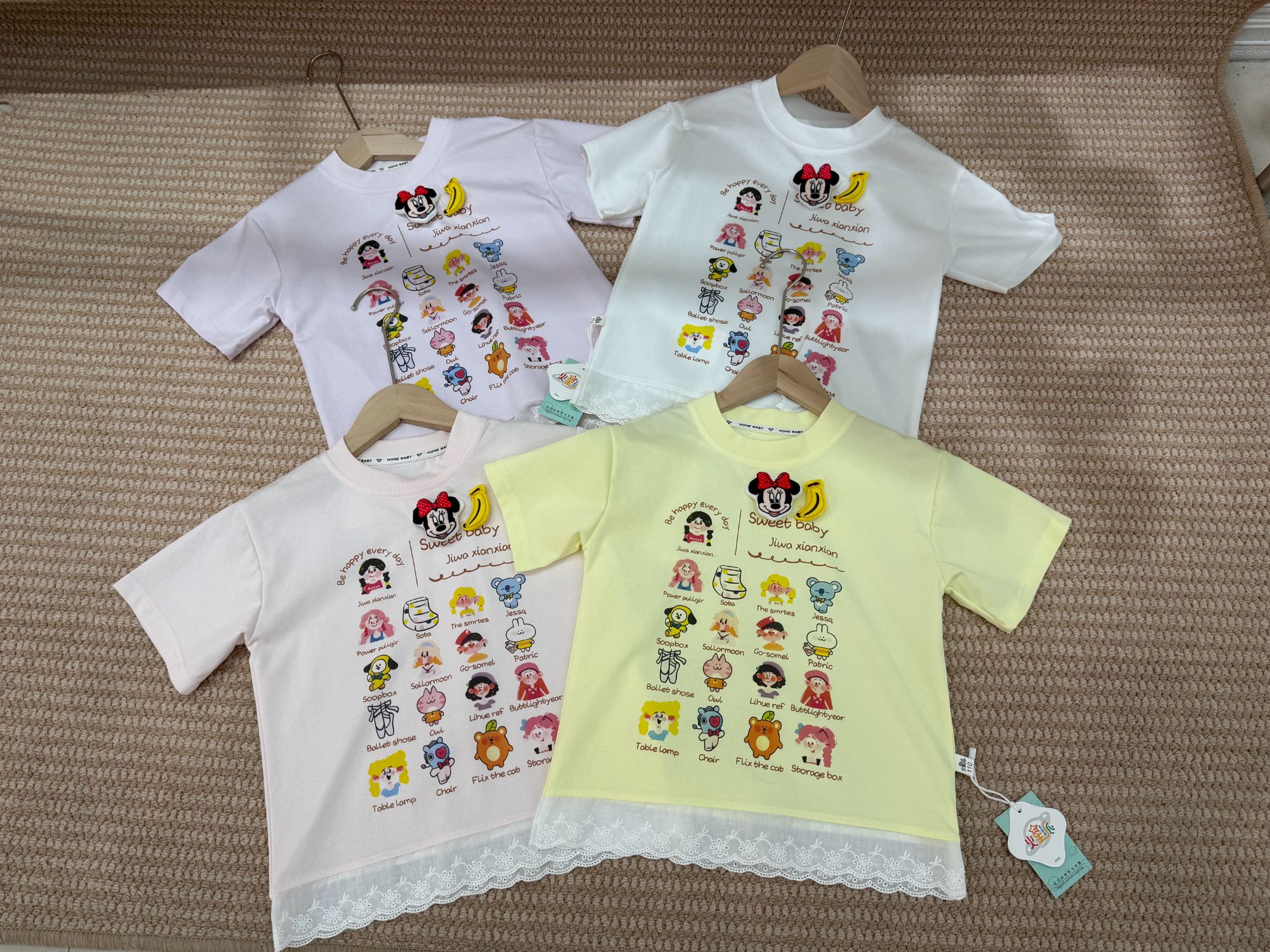 女童夏季短袖T恤下摆蕾丝花边米老鼠