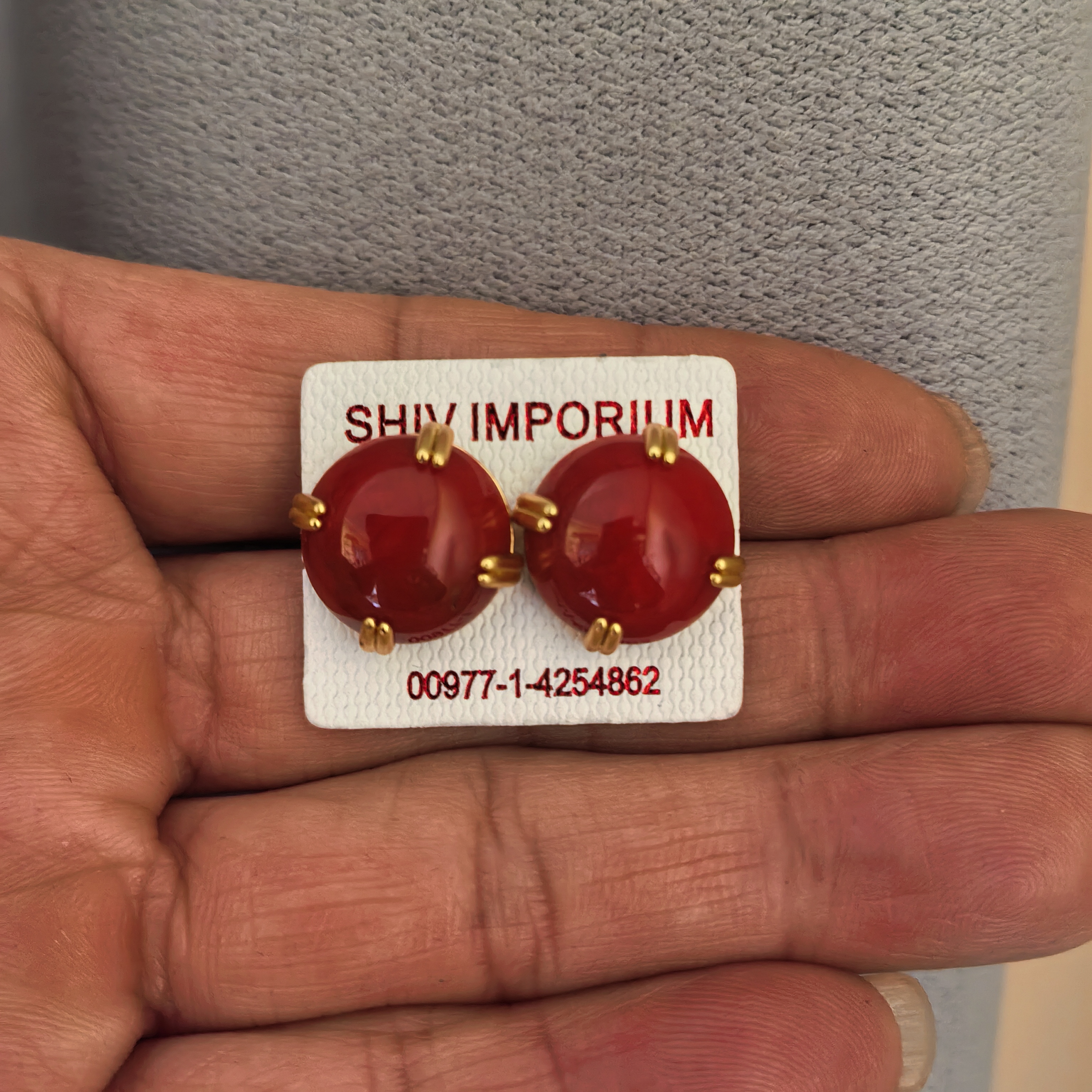 黄铜锆石耳饰 藏式民族风阿卡红新款轻奢耳钉