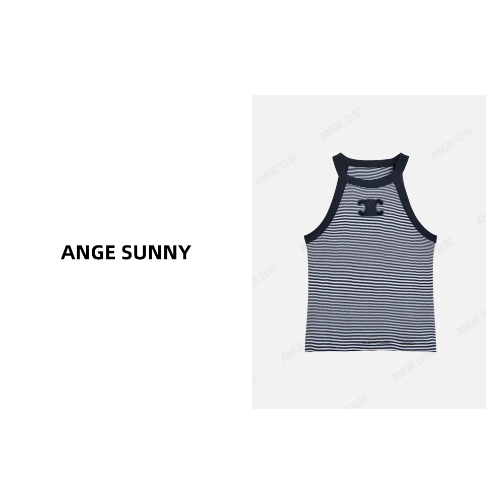 ANGE SUNNY【凯旋门挂脖背心】胸口刺绣徽标条纹吊带无袖上衣